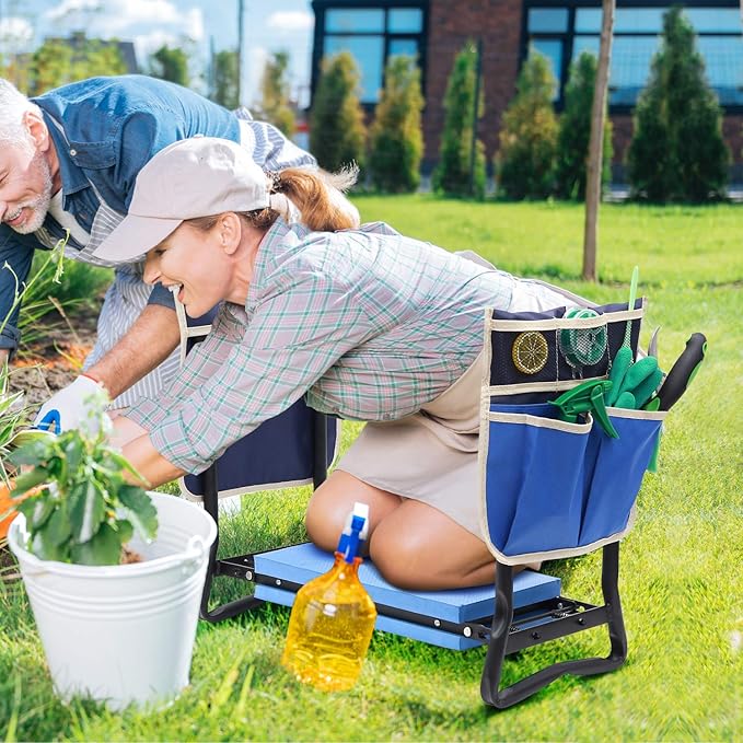 Ohuhu Garden Stool Garden Kneeler and Seat, Foldable Gardening Bench Heavy Duty with Thicker Wider Kneeling Pad 2 Large Tool Pouches Gifts for Fathers Day Men Gardener Parents Elders Friends