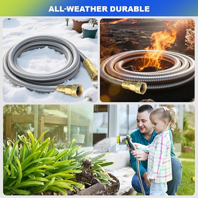 Metal Garden Hose 150 ft – 304 Stainless Steel Water Hose with Nozzle Sprayer, Garden Hoses Flexible, Lightweight, No Kink, Heavy Duty for Outdoor (150 ft)