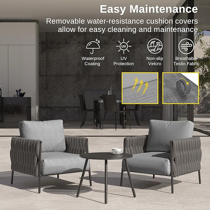 EAST OAK Modern 3 Pieces Patio Conversation Set, Armchairs with Coffee Table, Outdoor Furniture Set with Cushion, Earth Black & Misty Grey