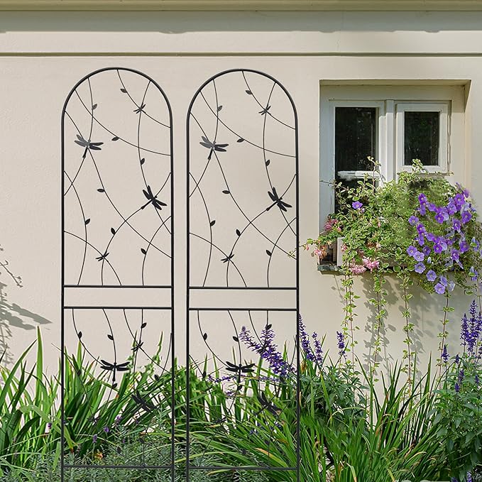 4 Pack Metal Garden Trellis 86.7" Tall Outdoor Climbing Plant Support for Roses, Flowers, Rustproof Durable Black Galvanized Tube, Lawn Garden Fence Decor Screen (4, Black dragonflies-86.7" H)