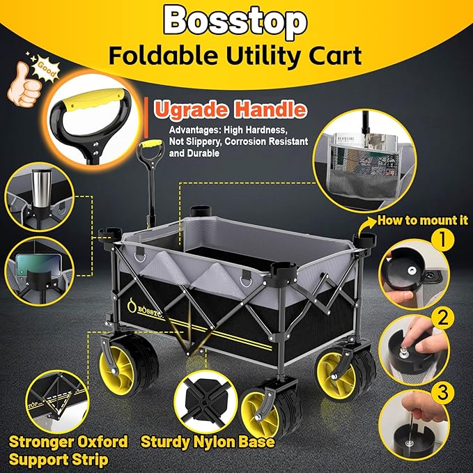 Collapsible Extended Wagon with Big All-Terrain Wheels 350LB& Oversized Outdoor Heavy Duty Utility Garden Cart Foldable Large Beach Wagon for Sand Fishing Camping Portable Grocery Pull Cart