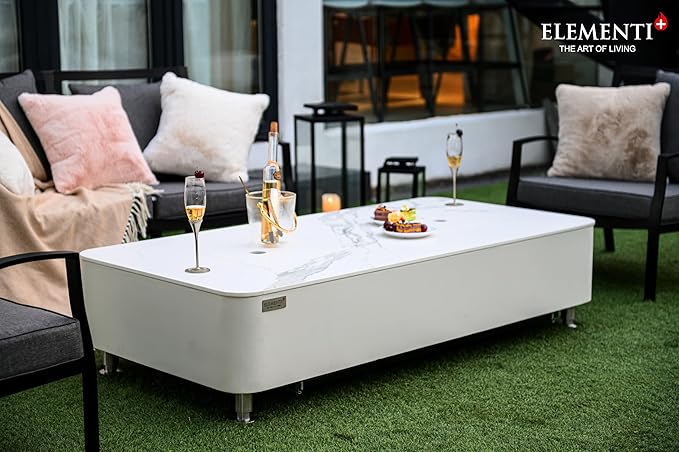 Elementi+ | Bundle Athens Gas Fire Pit | Concrete Body & Marble Porcelain Top | 62" Rectangular Fire Table | Electronic Ignition | Canvas Cover, Fire Glass, Burner Lid & More | White | Propane Gas