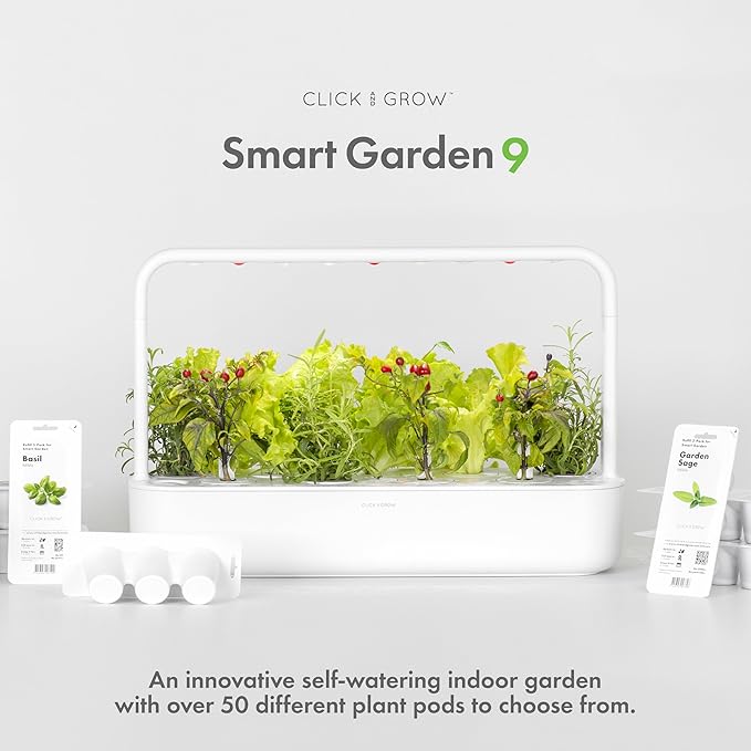 Click & Grow Indoor Herb Garden Kit with Grow Light | Easier Than Hydroponics Growing System | Smart Garden for Home Kitchen Windowsill | Vegetable & Herb Garden Starter Kit with 9 Plant pods, Gray