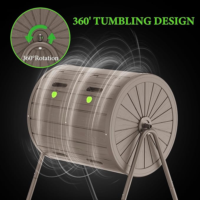 Dual-Chamber Outdoor Compost Tumbler, 37.5-Gallon Efficient Rotating Composter, UV-Resistant and Weatherproof, for Garden, Kitchen, and Yard (Grey)