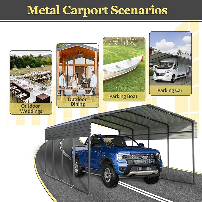 13x20 FT Carport with Metal Roof, Heavy Duty Metal Carport Canopy, Garage Car Shelter Shade for Outdoor, Car, Truck, Gray