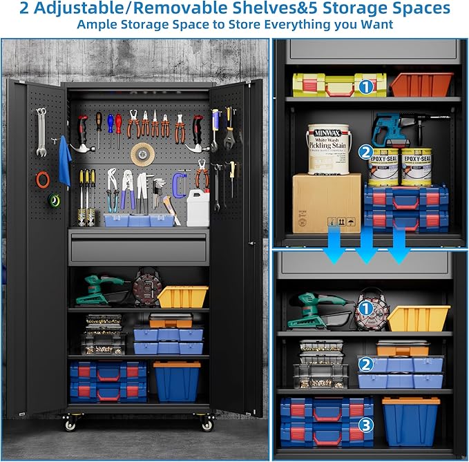71" H*15" D*30" W Metal Garage Storage Cabinet with Wheels and Doors,Lockable Tool Storage Cabinet with Pegboard Hooks and Drawer for Garage Warehouse Home,Required Assembly,Black