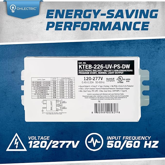 OHLECTRIC Replacement for Keystone KTEB-226-UV-PS-DW | 2 Lamp Compact Fluorescent Electronic Ballast | 26 Watts & 120-277V Input | High Power Factor & Program Start | UL Listed