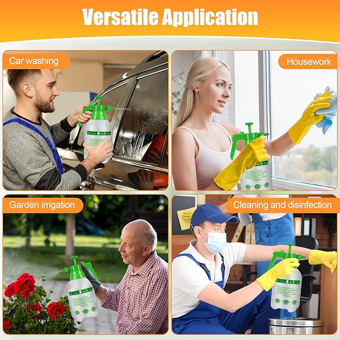 4 Pcs 1/2 Gallon Plastic Handheld Pump Sprayer – Garden Pressure Sprayer Bottle with Adjustable Nozzle for Plants, Cleaning, Household Tasks – White & Green