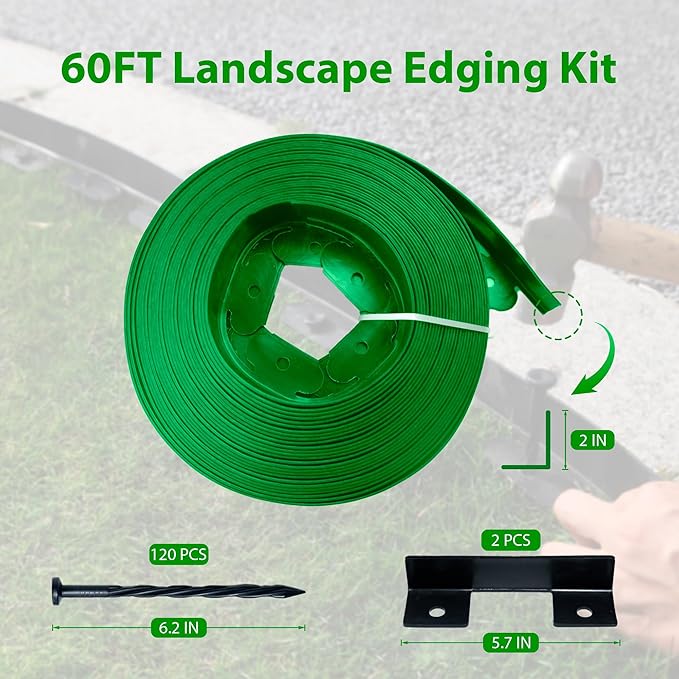 Landscape Edging Border 60 FT 2 Inch Tall with 120 Spikes, Plastic Edging for Landscaping, Garden Edging Border๏ผ Flower Bed, Paver and Lawn Edging Border, Green