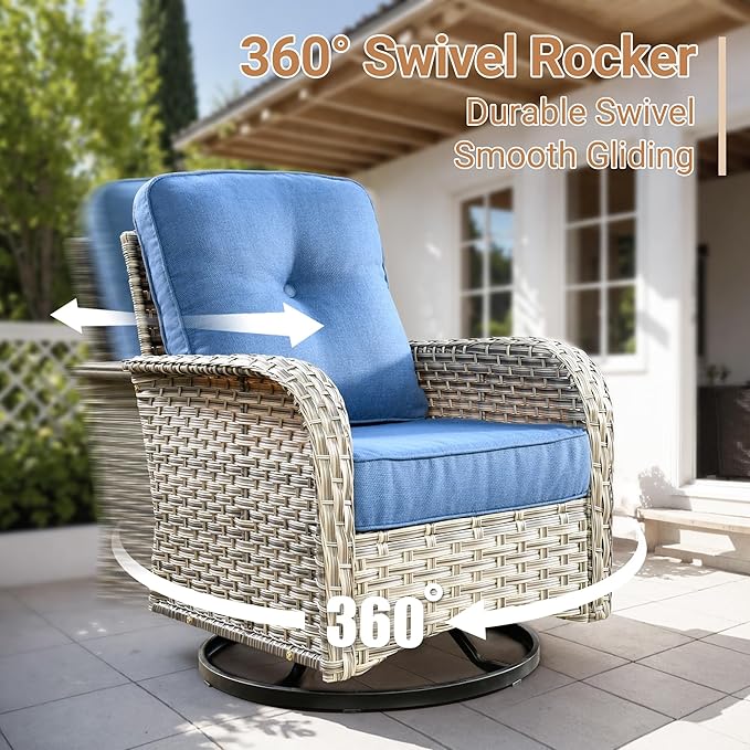 HOOOWOOO Outdoor Patio Bistro Set,3 Pieces Wicker Out Door Swivel Rocking Chair with Matching Side Table,Patio Furniture Sets,Blue