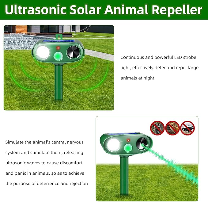 2025 2Pack Cat Repellent Outdoor Ultrasonic Animal Repellent Solar Animal Repeller with LED Flashlight&Motion Sensor Deer Repellent Device to Scare Fox Dog Squirrel Skunk Rabbit Raccoon