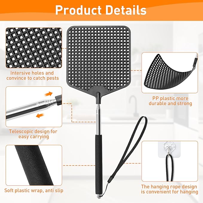 Telescopic Fly Swatters 2 Pack, Premium Plastic Flyswatter, Fly Swatter Heavy Duty for Indoor, Outdoor, Classroom, Stainless Steel Handle(Black)