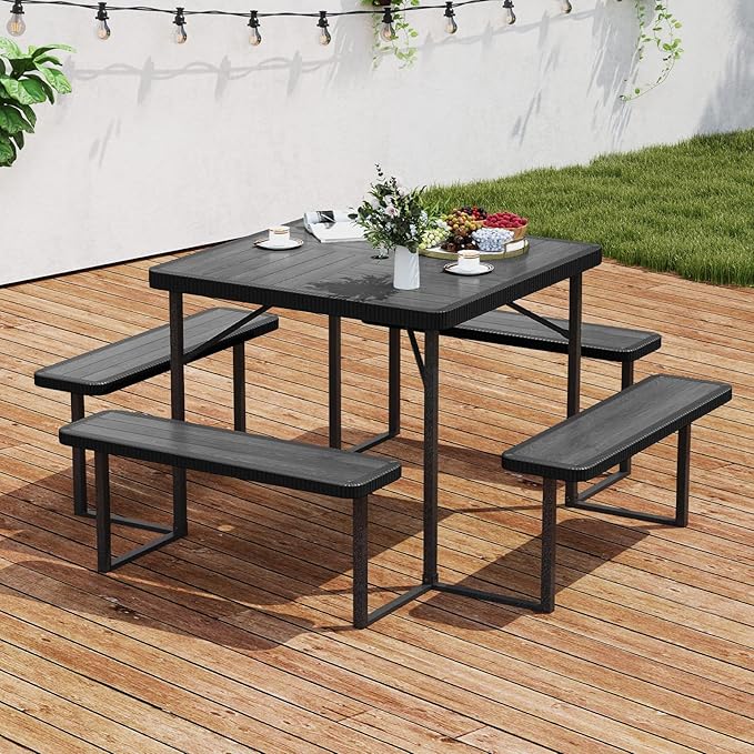 Tangkula 8 Person Picnic Table, HDPE Outdoor Square Table and Bench Set with 4 Built-in Benches, Umbrella Hole, Metal Frame for Garden Yard Patio Lawn