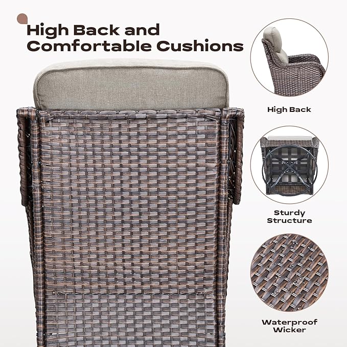Wicker Outdoor Patio Furniture Set - 5 Piece Patio Conversation Sets with Swivel Rocker Chairs, Ottomans and Side Table, 6 inch Cushions, Waterproof Wicker, for Porch Deck Brown/Beige
