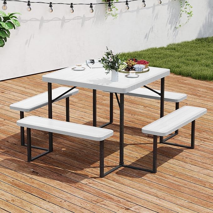 Tangkula 8 Person Picnic Table, HDPE Outdoor Square Table and Bench Set with 4 Built-in Benches, Umbrella Hole, Metal Frame for Garden Yard Patio Lawn