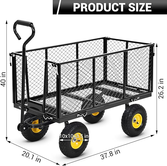 Heavy Duty Steel Garden Cart, 1100LBS Pullable Metal Garden Wagon with 10" Wheels, 180° Rotating Handle and Removable Sides for Outdoor, Farm, Yard, Beach 