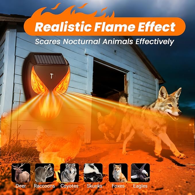 1 Pack Solar Nocturnal Animal Repeller with LED Flashing Lights, Effective Repels Deer, Coyote, Raccoon, Skunk, Fox & Hawk, Flame Predator Light for Chicken Coop, Farm, Yard & Garden