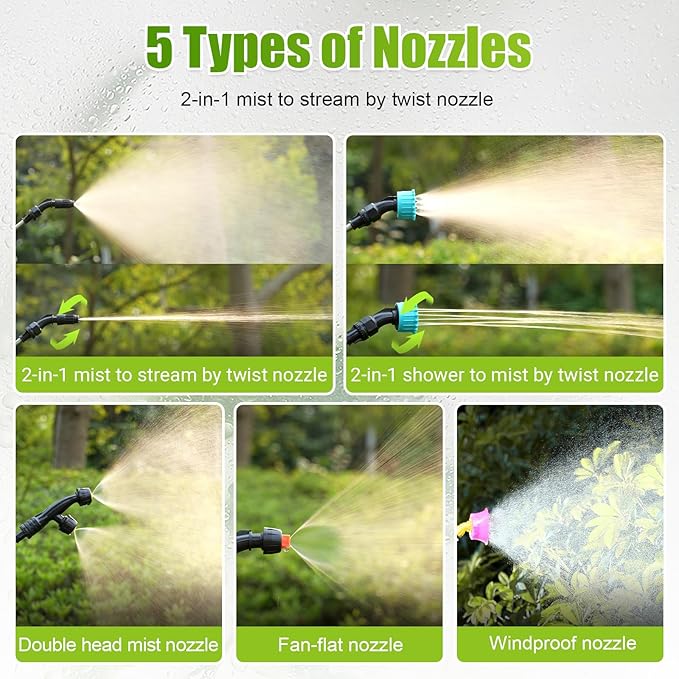 Battery Powered Sprayer 3.2 Gallon,Powerful Electric Sprayer with 5 Mist Nozzles,Rechargeable Handle, 41 in Retractable Wand,Adjustable Shoulder Strap,for Lawn,Gardening,Cleaning