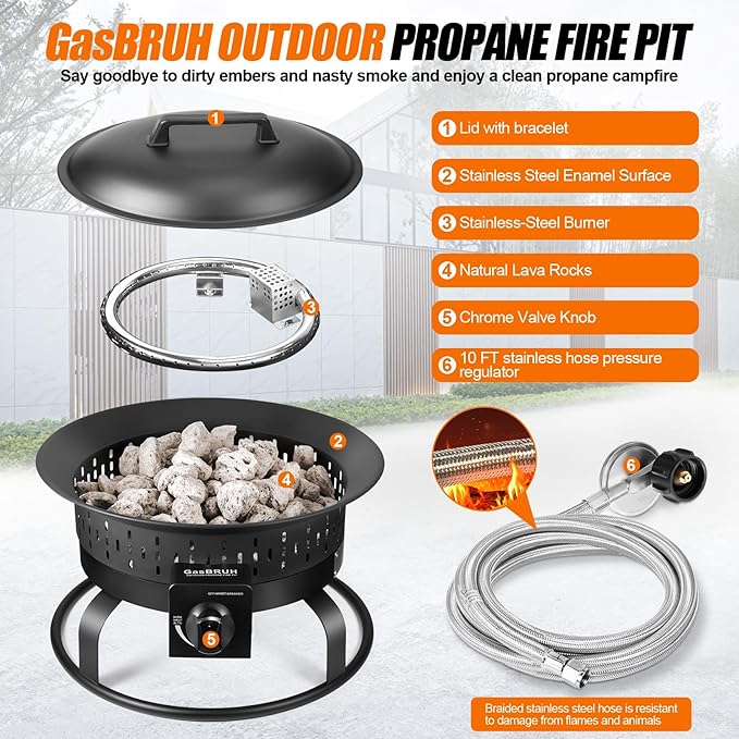 Outdoor Portable Propane Fire Pit, 19-Inch,60,000 BTU with Cover&Carry Handle,Fireplace,Gas Firebowl Smokeless,Portable Fire Pit for Outside Patio, Backyard, Camping,RV,Deck,Tailgating