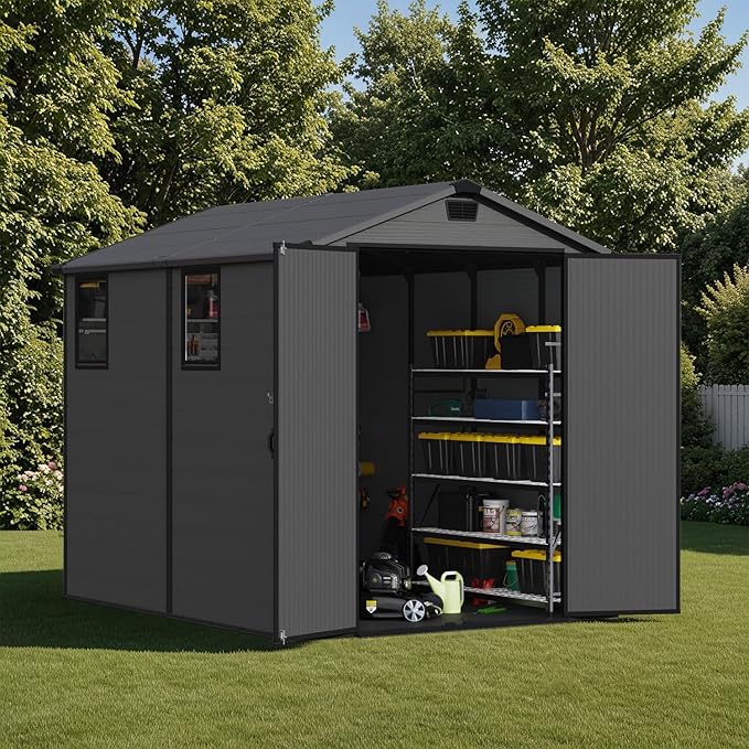 Patiowell 6 x 8 FT Plastic Outdoor Storage Shed with Floor - Weatherproof Resin Tool Shed, Lockable Door & 2 Windows, Easy Assembly for Garden, Backyard, Lawn Equipment (Dark Grey)