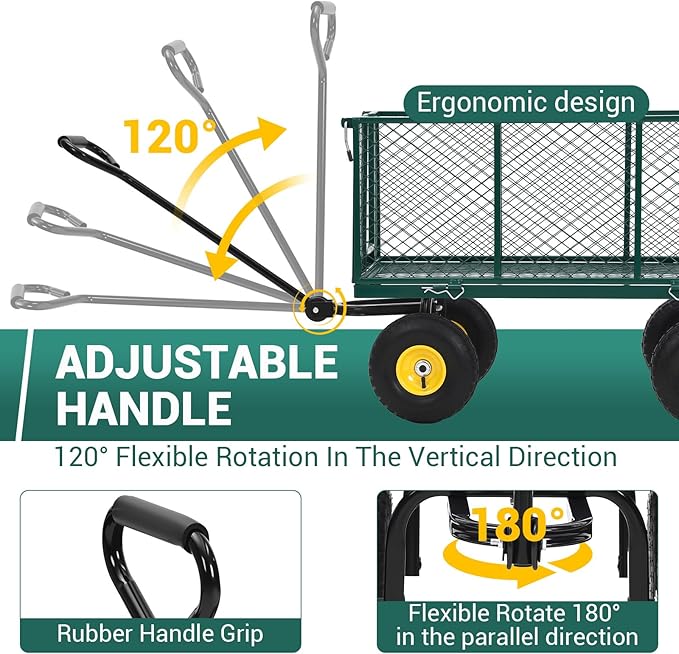 Heavy Duty Steel Garden Cart, 1100LBS Pullable Metal Garden Wagon with 10" Wheels, 180° Rotating Handle and Removable Sides for Outdoor, Farm, Yard, Beach 
