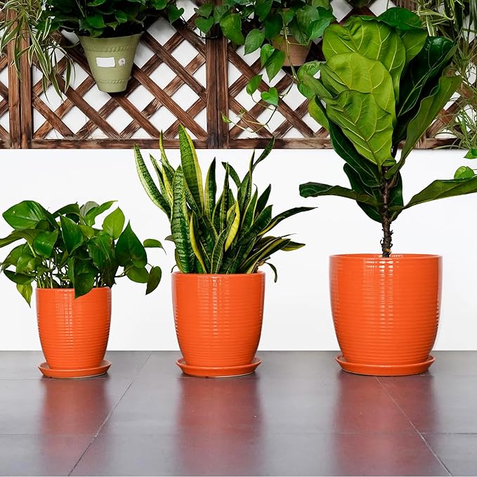 12 Inch Pots for Plants - Ceramic Plant Pots with Drainage Hole and Saucer, Modern Planter for Indoor Outdoor, Round Flower Planters, Porch Home Garden Decor, Gifts for Women, Orange