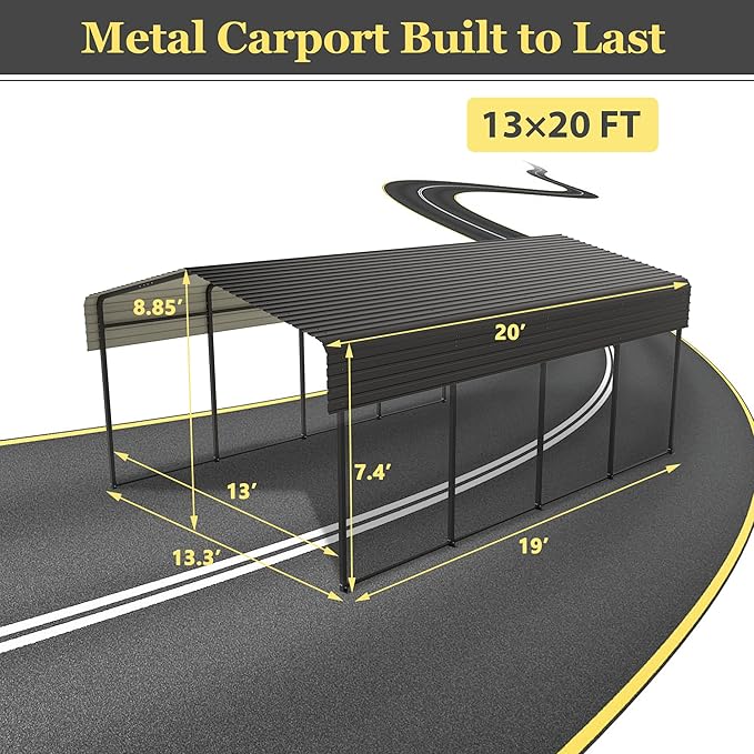 Car Port, 13x20 with Sidewalls Metal Carport, Heavy Duty Carport Canopy, Metal Garage Car Tent, Outdoor Car Shelter Shade with Galvanized Steel Roof, Frame (13x20 with sidewalls)