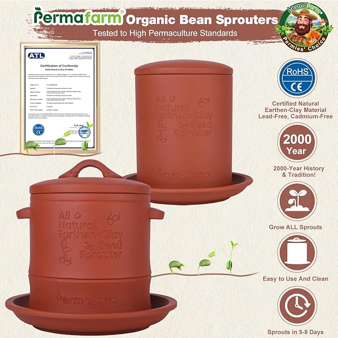 Permafarmยฎ Organic Bean Sprouter, Natural Earthen-Clay Mung Bean Sprouter, Sprouts Growing Kit for Soybeans, Broccoli, Alfalfa & More | Lead-Free, Cadmium-Free (Large Size for Family)