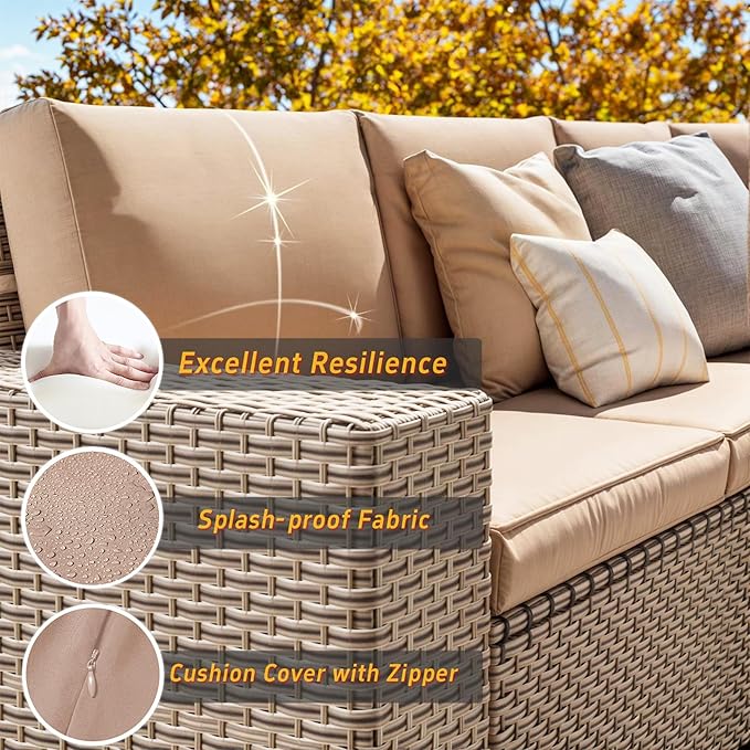 13 Pieces Patio Furniture Set with Metal Fire Pit Table, Outdoor Sectional Wicker Sofa with Thick Cushions and Coffee Table, High Back Rattan Patio Conversation Sets, Khaki
