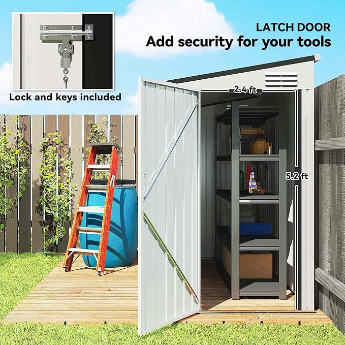 Outsunny 4' x 8' Metal Outdoor Storage Shed, Lean to Storage Shed, Garden Tool Storage House with Lockable Door and 2 Air Vents for Backyard, Patio, Lawn, White