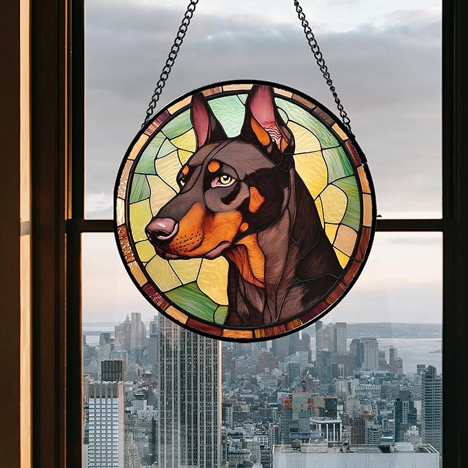 Stained Glass Window Hanging - Funny Dark Brown Doberman Pinscher Suncatcher for Door Terrace Garden Home Decor, Pet Dog Sun Catcher Birthday Gifts for Lovers Women Men Dad Mom Nana 6.3 in