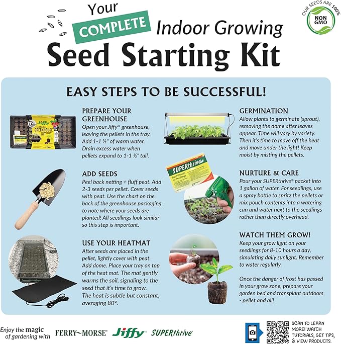 Ferry Morse Your Complete Indoor Seed Starting Kit Including Heat Mat, T5 Grow Light Fixture with 50 Cell 42mm Greenhouse