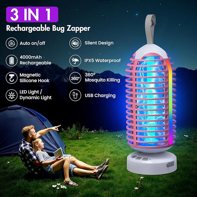 Bug Zapper Outdoor with Colorful Lighting and Auto-Sensing, 3 in 1 Cordless 4000mAh Battery Electric Fly Trap, Rechargeable Mosquito Zapper for Camping, Patios, Garden, Kitchen (2Pack-Pink)