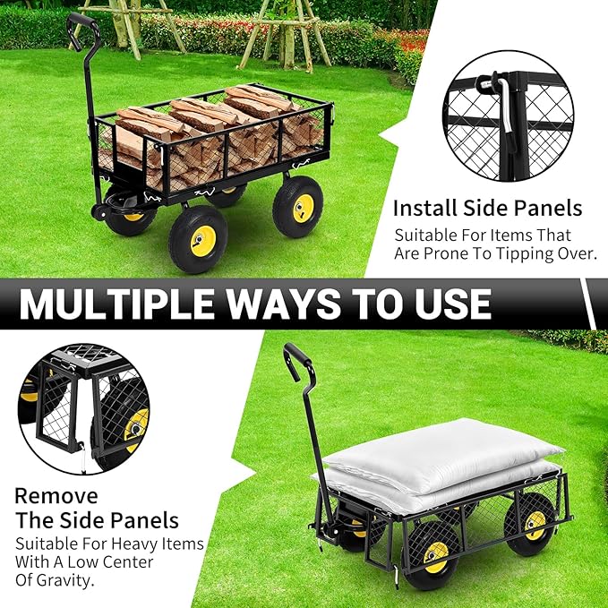 Heavy Duty Steel Garden Cart, 550LBS Pullable Metal Garden Wagon with 10" Wheels, 180° Rotating Handle and Removable Sides for Outdoor, Farm, Yard, Beach 