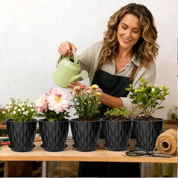 7 Inch Plant Pots Set of 5, Plastic Flower Pots with Drainage Holes and Trays, Planter Pot for Indoor Plants, Decorative Pots for Plants Indoor/Outdoor (Multicolor)
