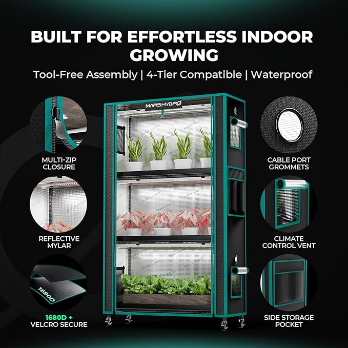 MARS HYDRO 2025 Plant Stand with Grow Lights 4-Tier Plant Shelf with 6 Full Spectrum LED Lamps (54W, 12‘’) & Grow Tent Mini Greenhouse for Vegetables, Seedlings, Plant Growth 5000K, 16x12x47''
