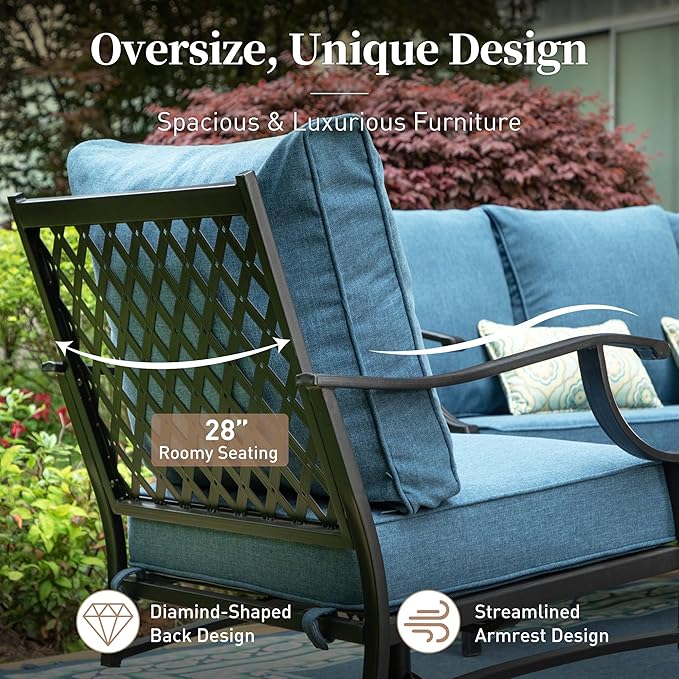 5 Piece Metal Outdoor Patio Furniture Set with Fire Pit Table, Patio Conversation Sets 4 Fixed Chairs with 5.75" Thick Cushion and 5000 BTU Fire Pit Table, Backyard Furniture, Navy