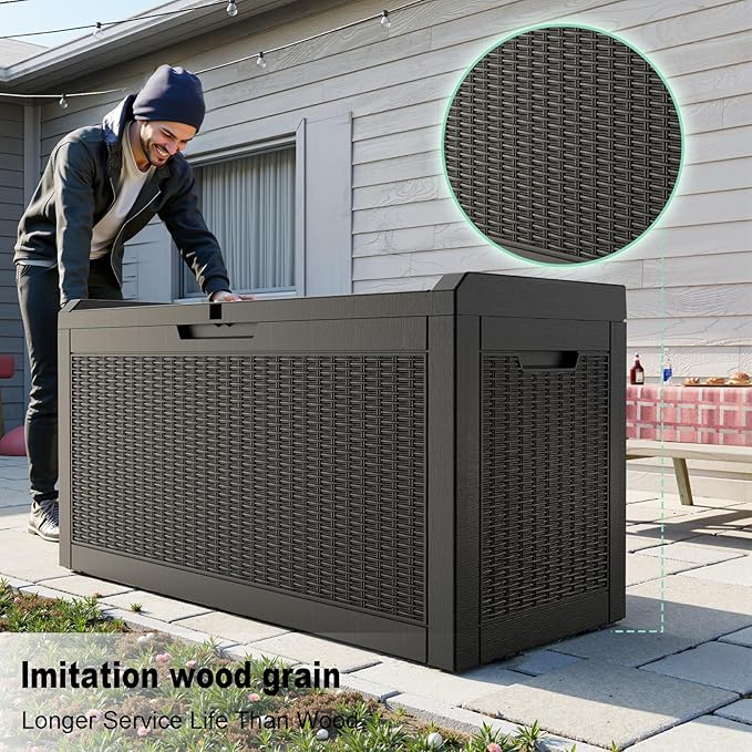 ROJIK Outdoor Storage Housing Deck Box,Waterproof Patio Furniture, Garden Tools, Cushions, Pool Accessories Storage Bench with Lockable Lid and Side Handles (Black,60 Gallon)