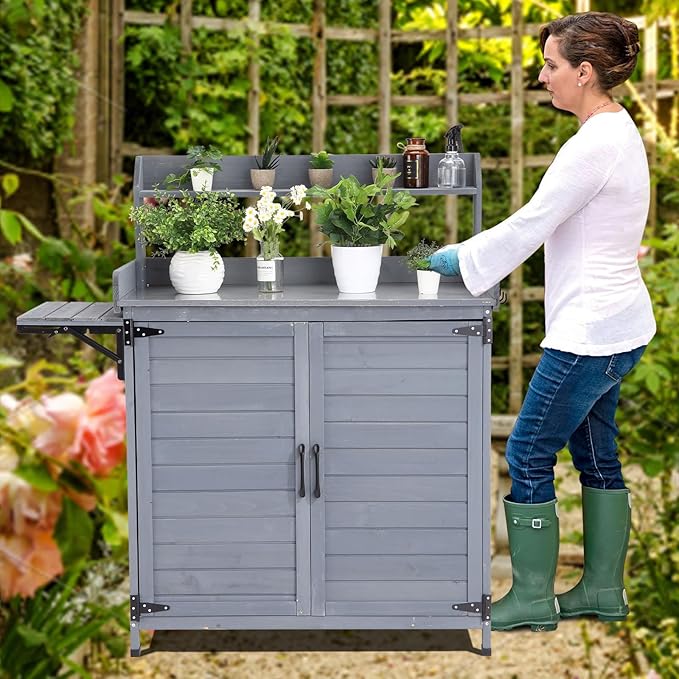Garvee Outdoor Potting Bench Table, Wooden Gardening Furniture with Metal Tabletop and Storage Cabinet, Horticulture Workstation with Adjustable Shelf for Garden, Patio, Backyard, Greenhouse