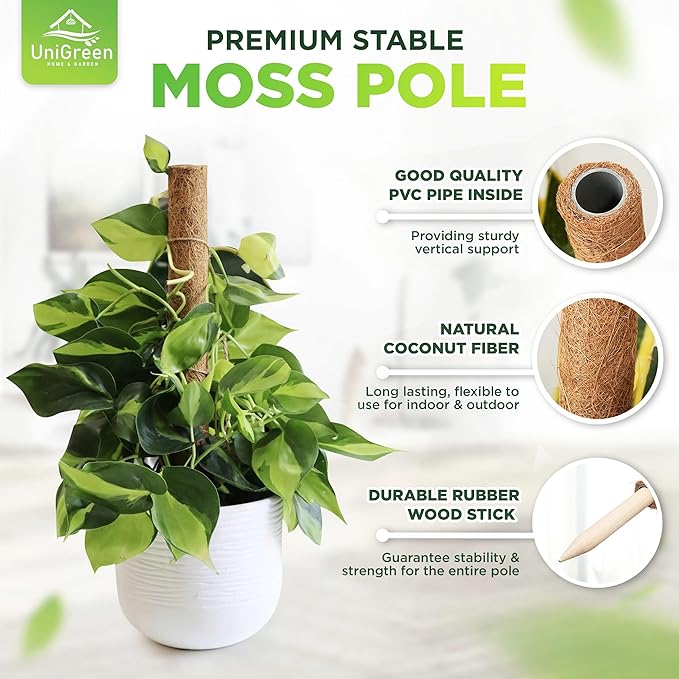 UNIGREEN Premium Moss Pole, Coir Totem Poles for Indoor Plants, Moss Sticks, Garden Ties - Support and Train Creepers and Climbing Plants (4Pack 18'' (Stackable))
