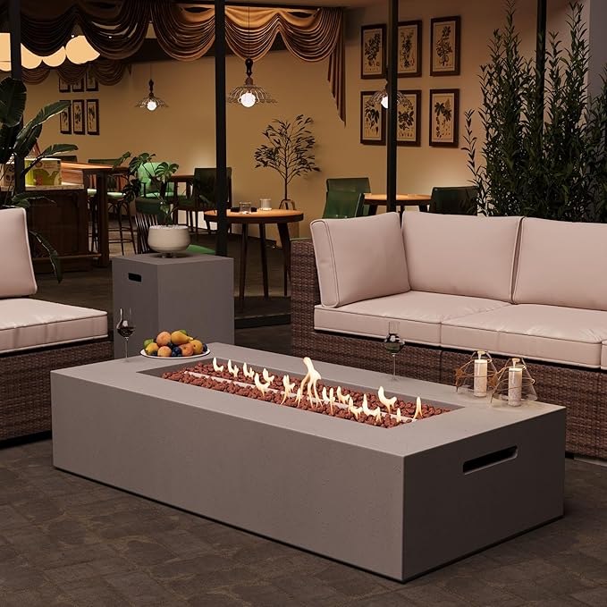 2-Piece Outdoor Propane Fire Pit Table Set – Premium Marble-Like MgO Finish, 56-Inch Gas Fire Table with Tank Table for Patio, Garden & Backyard, Includes Rain Cover & Lava Rocks