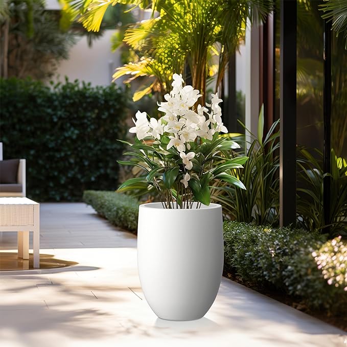 Kante 21.7" H Snow White Concrete Tall Planter, Large Outdoor Indoor Decorative Pot with Drainage Hole and Rubber Plug, Modern Round Style for Home and Garden