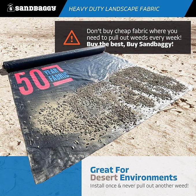 Sandbaggy 15 ft Heavy Duty Landscape Fabric | 50 Year Fabric | 6 oz Extra Thick Weed Barrier | Rock & Gravel Landscaping | UV Resistant | 365 Weed Free Guarantee (15 ft x 100 ft, 1, Count)