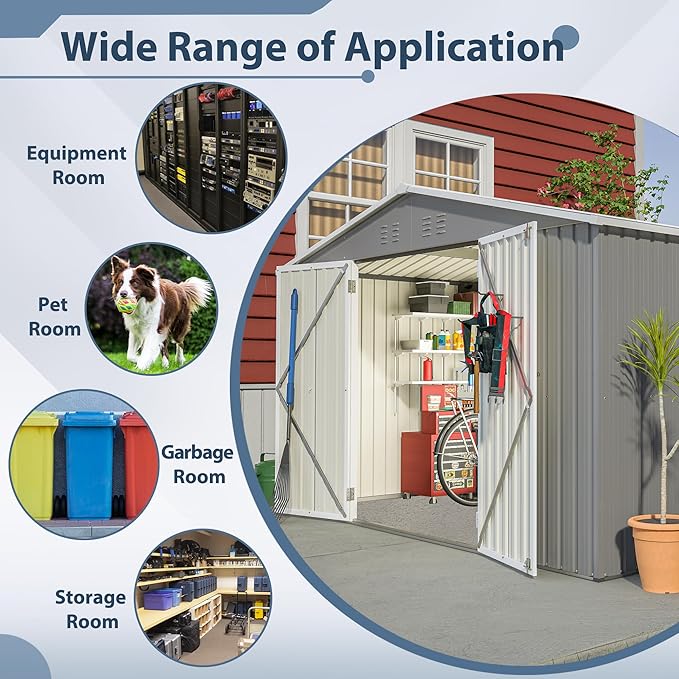 10X8 FT Outdoor Storage Shed, All Weather Metal Sheds with Lockable Doors, Tool Shed for Garden, Patio, Backyard, Lawn (Grey, 10x8ft)