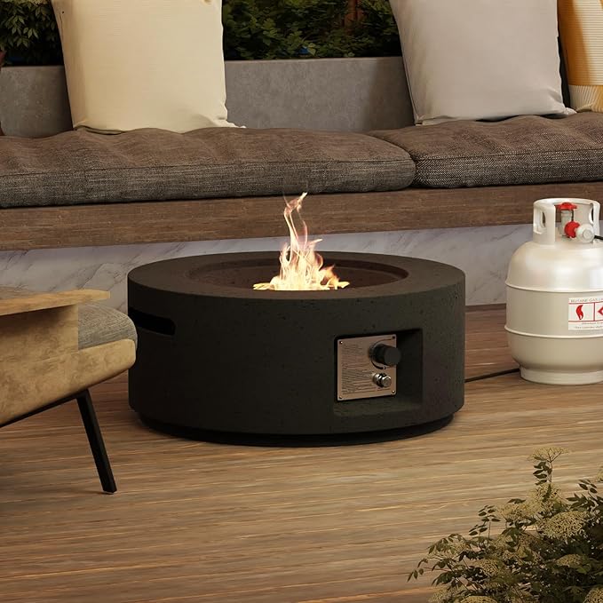 SUNBURY Outdoor Fire Pit, 28" Round Propane Gas Patio Fire Table 40,000 BTU Concrete Travertine Design, CSA Certified, Circular Base Small Firepit with Lava Rocks, Waterproof Cover (Grey)