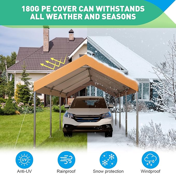 10x20 Ft Heavy Duty Carport, Portable Garage with Doors, Ventilated Windows, Waterproof and UV Resistant Carport Canopy for Cars, Boats, Suvs, Yellow
