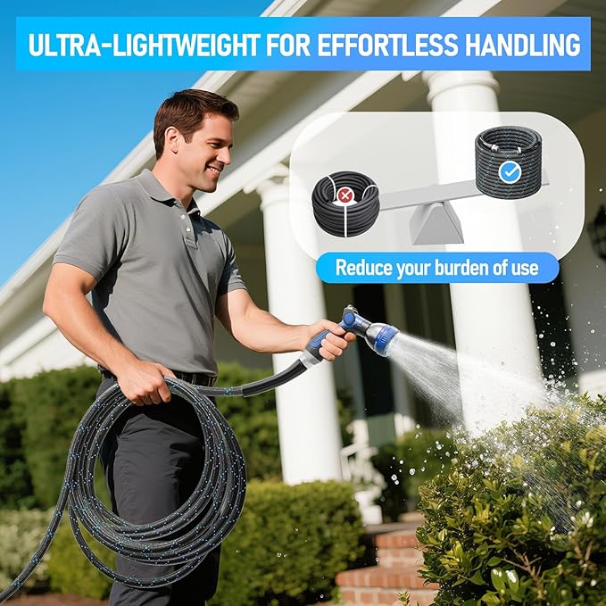 Garden Hose 100ft, 3-Layer Flexible Water Hose with 8 Pattern Spray Nozzle, Non-Expanding & Lightweight Stainless Steel Hose for Yard, Lawn, Outdoor-Leak Proof, No-kink & Tangle-free