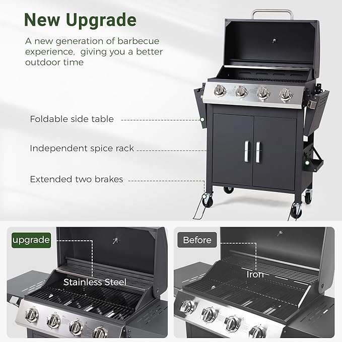 4-Burner Propane Gas BBQ Grill with Wheels, 40,000 BTU Output Stainless Steel Barbecue Grill for Backyard & Outdoor Cooking Easy Assembly, Foldable Side Tables & Spice Rack (Dark Black)