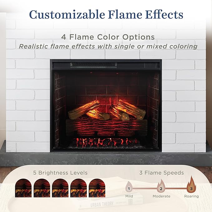 Country Living - Jackson Fireplace Mantel Package, WiFi Enabled 28β Fireplace Insert, White Brick Mantel Surround, Alexa/WiFi Enabled, 1500W