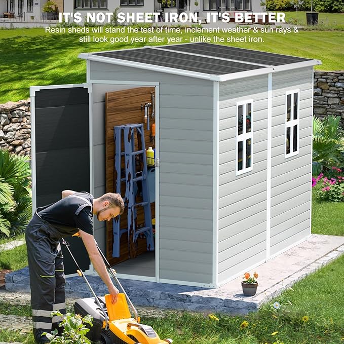 CDCASA 4x8 FT Resin Lean to Shed, Waterproof Outdoor Storage Sheds with Floor & Lockable Door & 2 Windows, Vent, Plastic Tool Shed for Outside, Backyard, Patio, Poolside, Gray